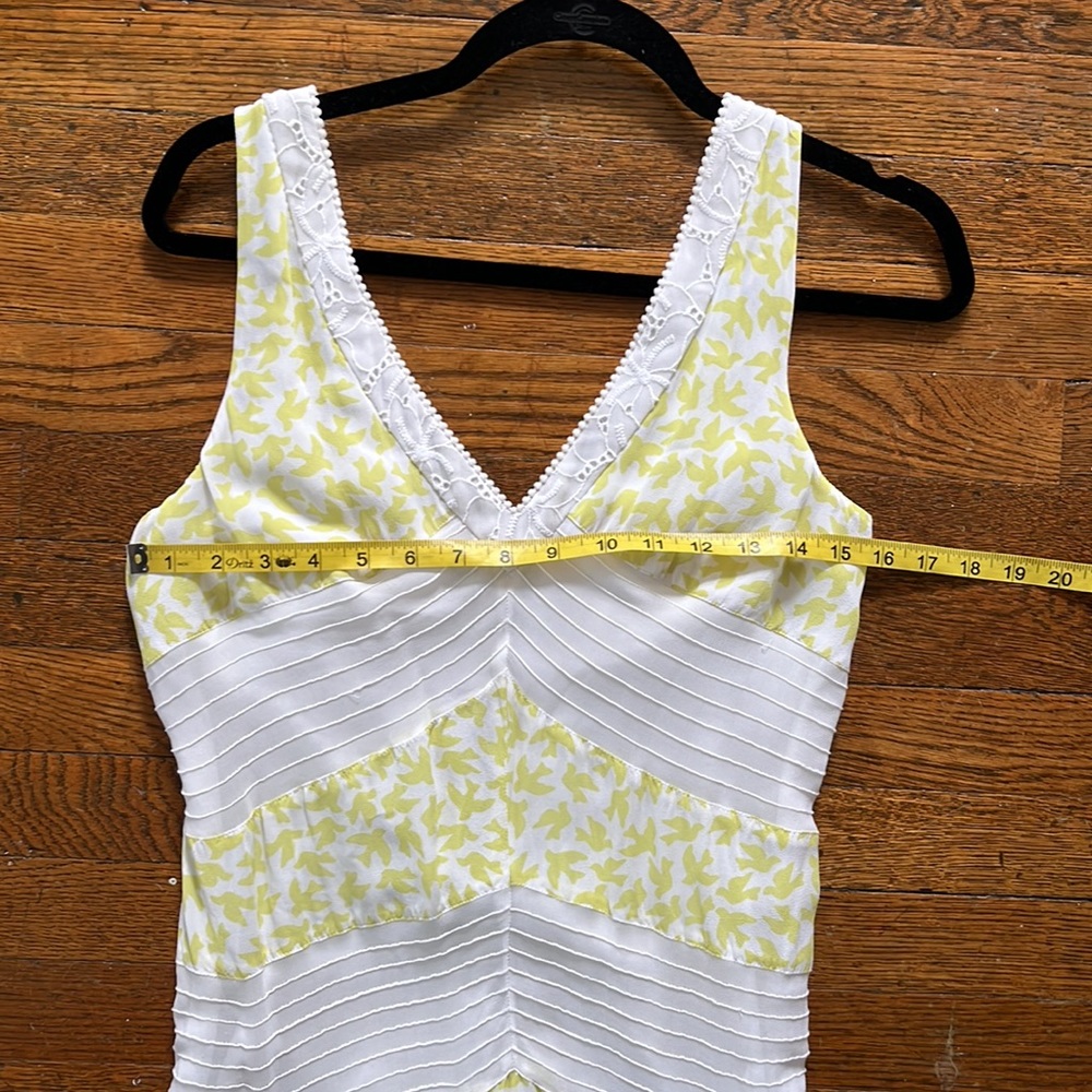 ANTHROPOLOGIE LEIFNOTES Yellow Bird Print Midi Patchwork Eyelet Lace Boho Dress - Picture 7 of 13